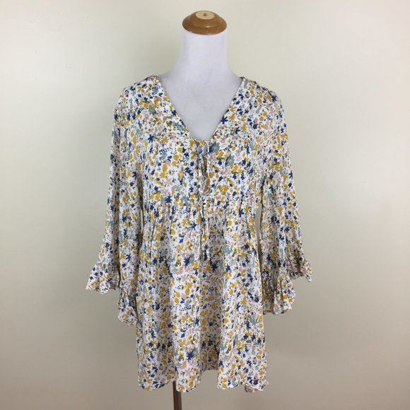 NWT CYNHIA ROWLEY Abstract Floral Print Tie Collar Bell Sleeve Shirt - Picture 5 of 10
